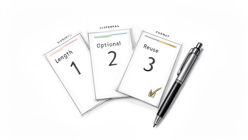 A sketch showing three numbered cards titled 'Length 1', 'Optional 2', 'Reuse 3', with a pen.
