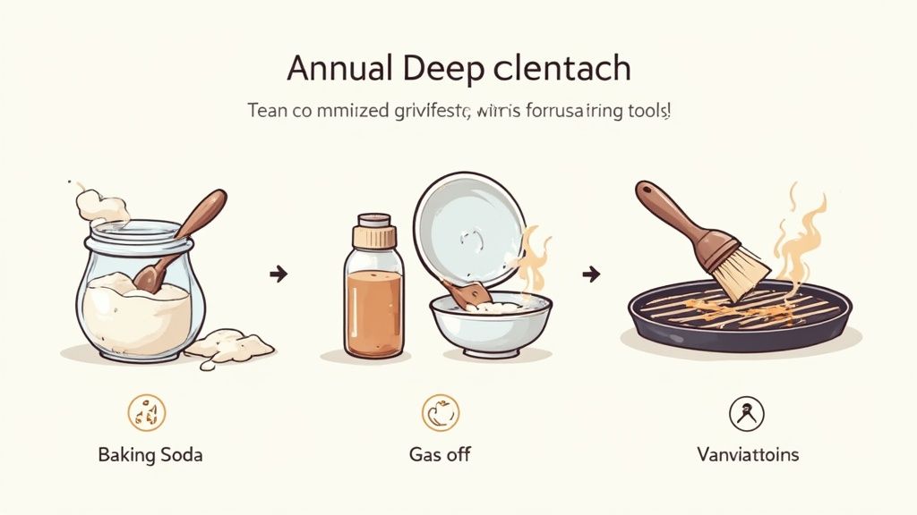 An infographic showing baking soda, a liquid, and a brush used to clean a dirty grill.