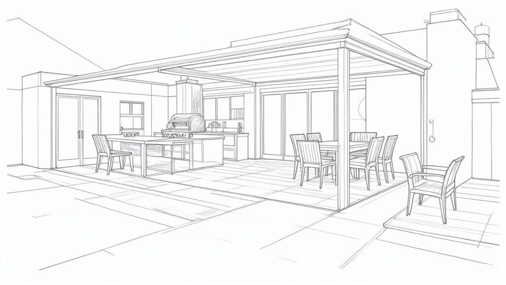 A perfectly installed stainless steel built in braai in a modern patio entertainment area.