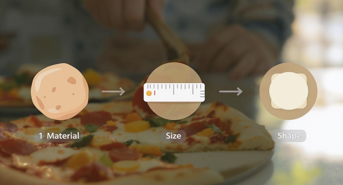 A graphic illustrates how pizza material transforms from a dough ball into a measured, flat shape.