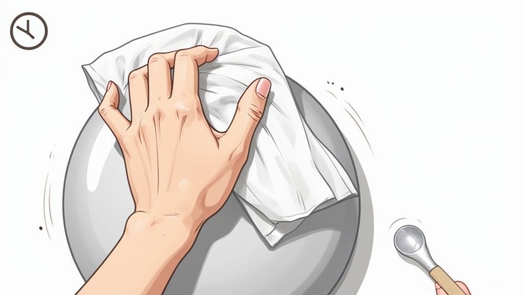 A hand wiping the inside of a large silver bowl with a white cleaning cloth.