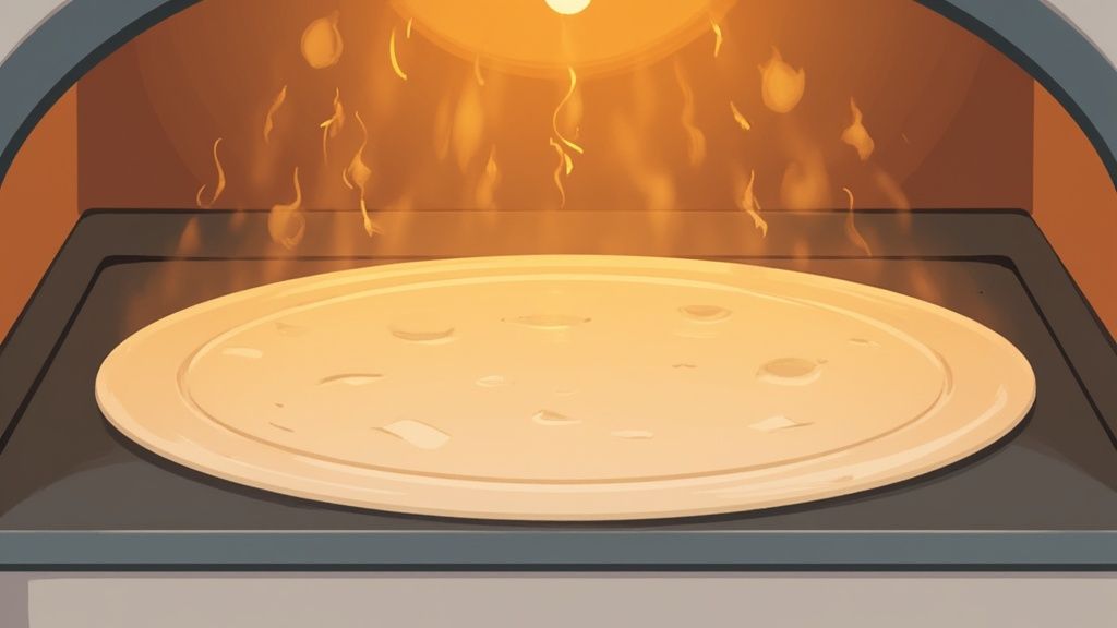 Plain pizza dough baking on a round stone inside a very hot oven with flames.