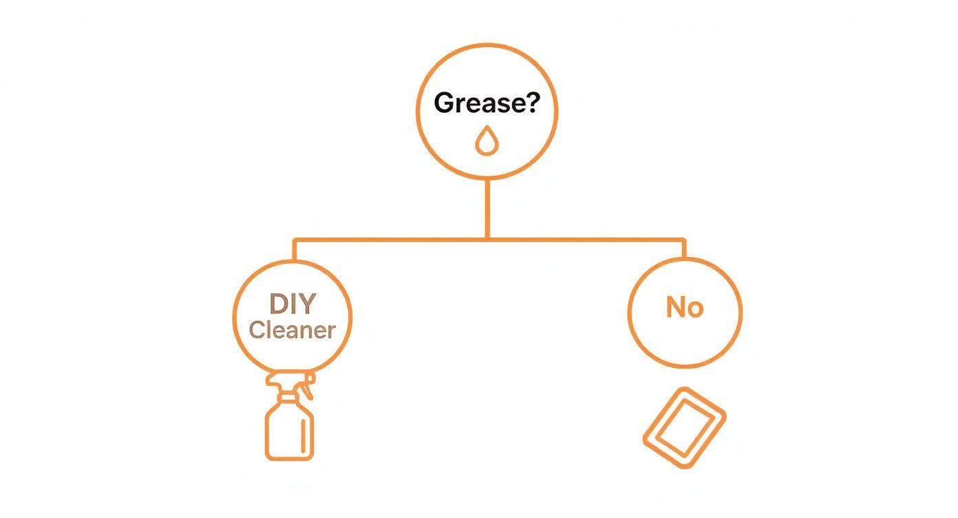 Flowchart for cleaning decisions: 'Grease?' leads to 'DIY Cleaner' or 'No'.