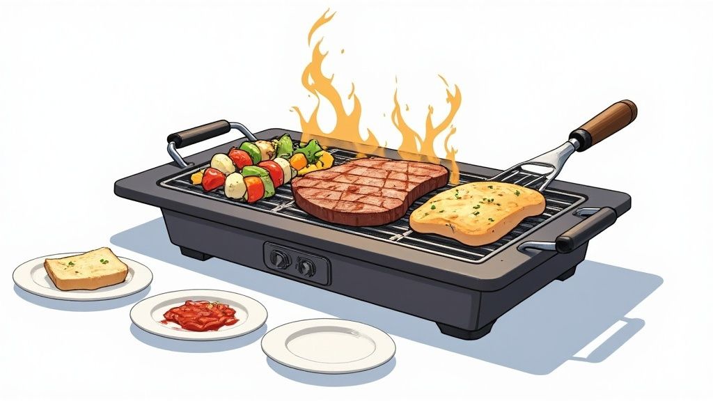 A tabletop electric grill cooking steak, vegetable skewers, and flatbread with flames. Side dishes include garlic bread and sauce.
