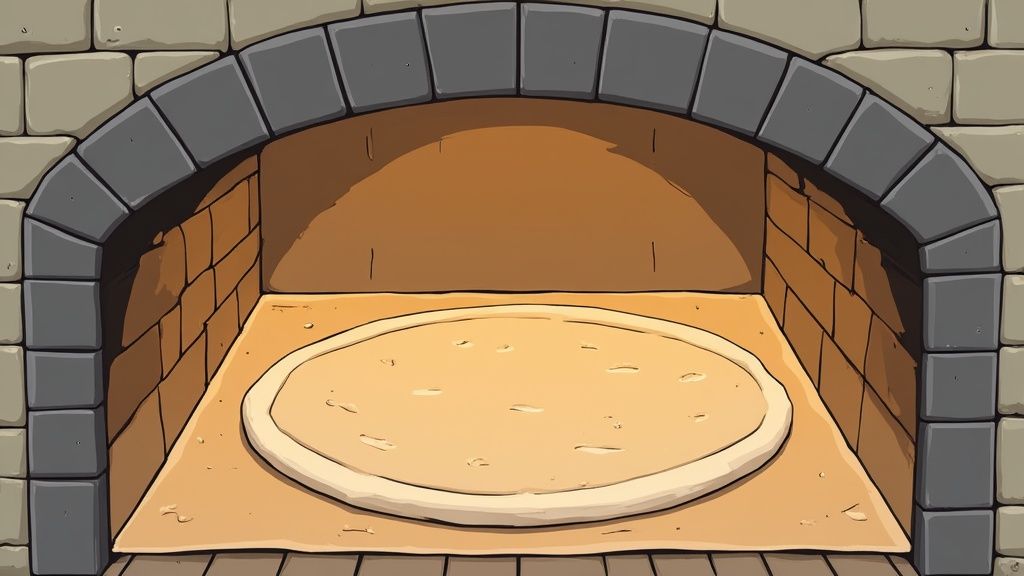 A person using a pizza peel to place a pizza onto a perfectly sized round pizza stone inside a brick pizza oven.