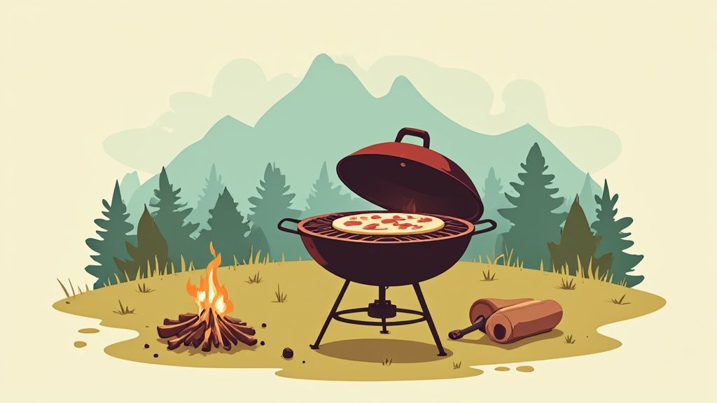 An illustration showing a pizza cooking on an open barbecue grill next to a campfire in a forest with mountains.
