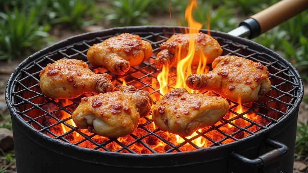 Marinated chicken pieces sizzling on a braai grid over hot coals.