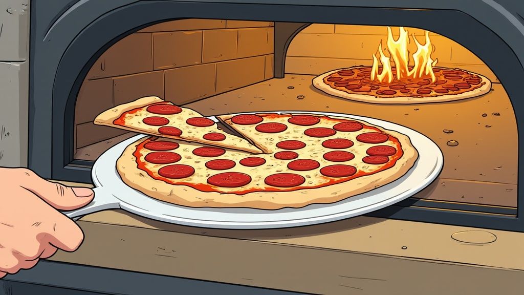 A freshly baked pizza sits on a pizza stone, with steam rising from the melted cheese and crispy crust, ready to be served.