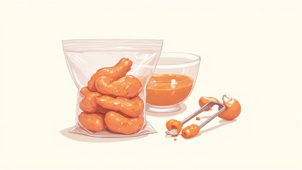 A person patting chicken pieces dry with a paper towel before adding them to a marinade.