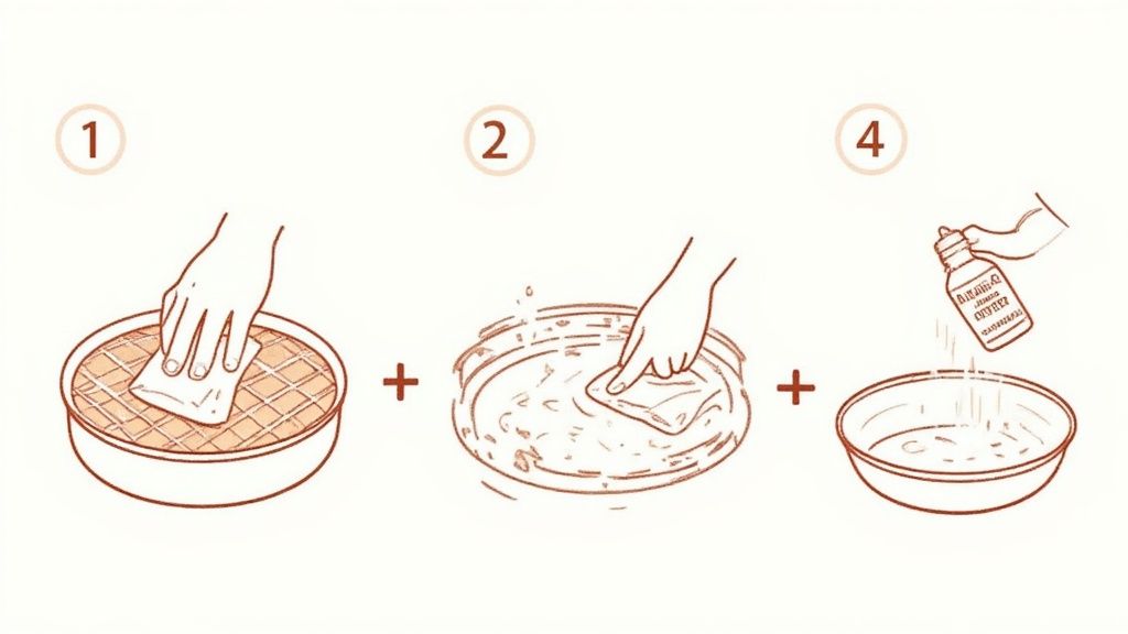 A person cleaning a stainless steel braai grid with a wire brush.