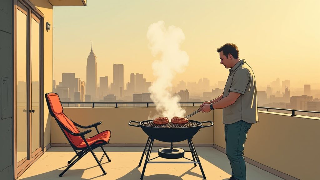 A man grilling burgers on a balcony with a city skyline at sunset.