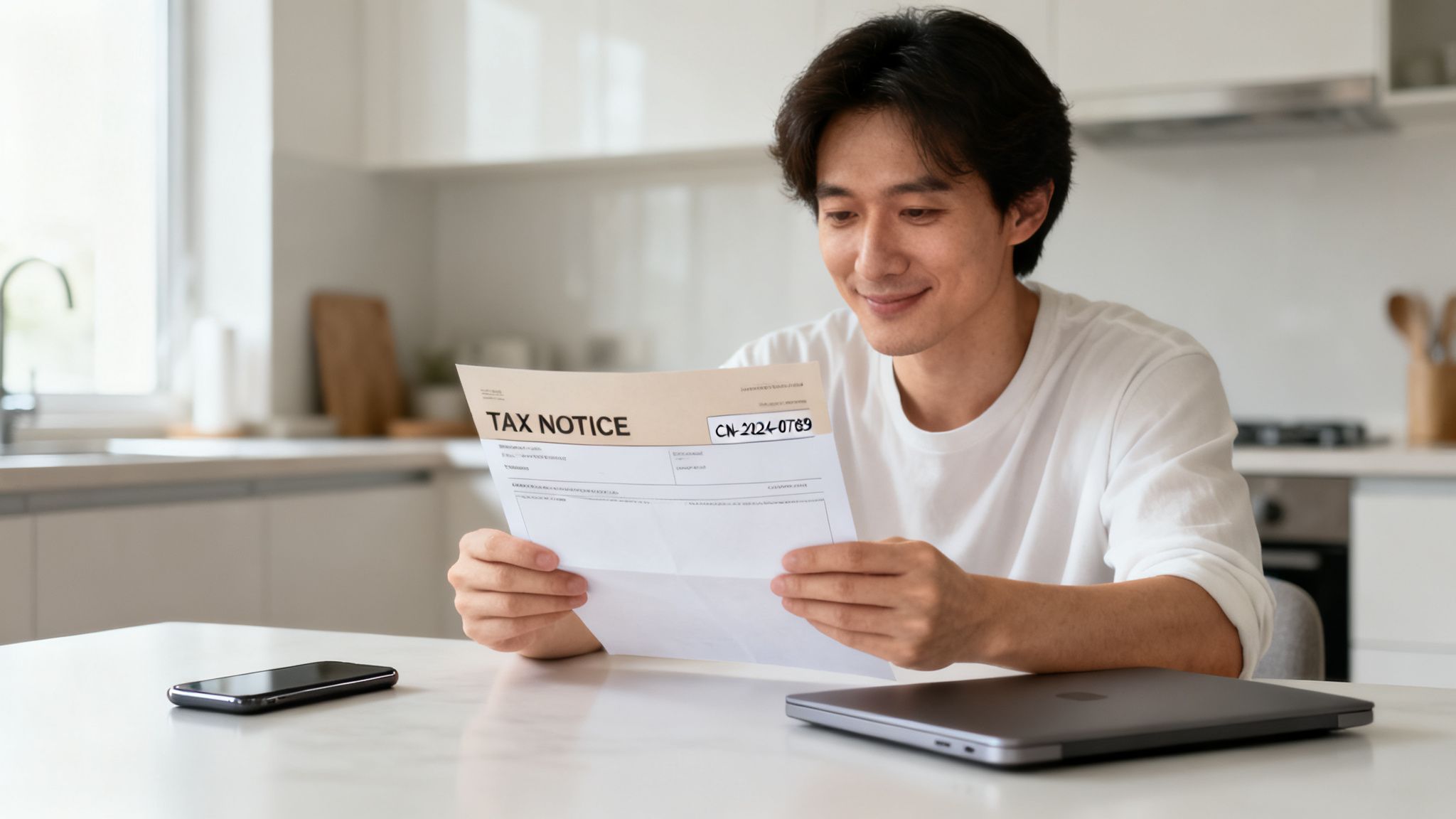 A smiling Asian man reads a tax notice letter at a table with a phone and laptop in a modern kitchen.