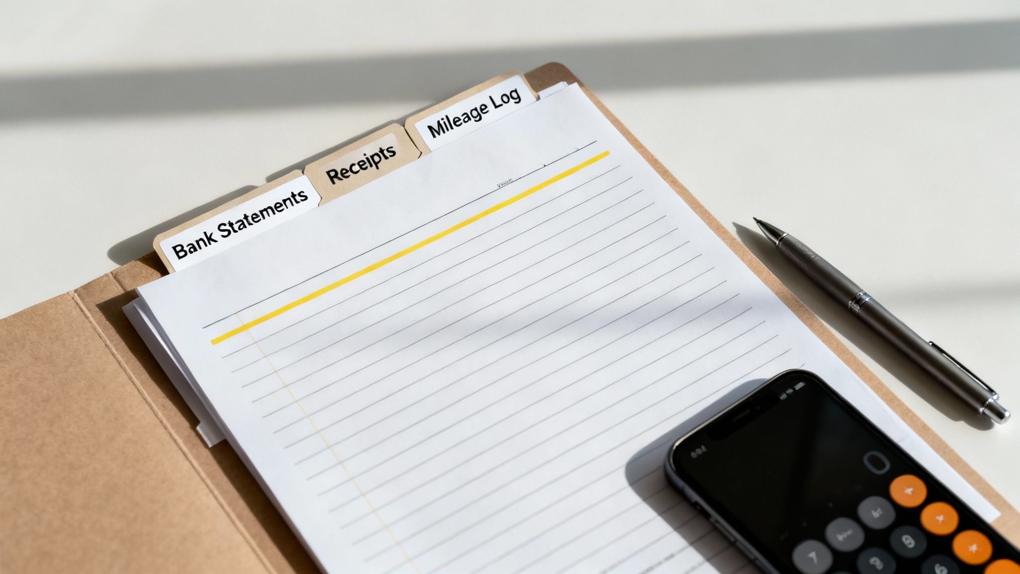 A file folder with Bank Statements, Receipts, and Mileage Log tabs, a pen, and a calculator app on a phone.