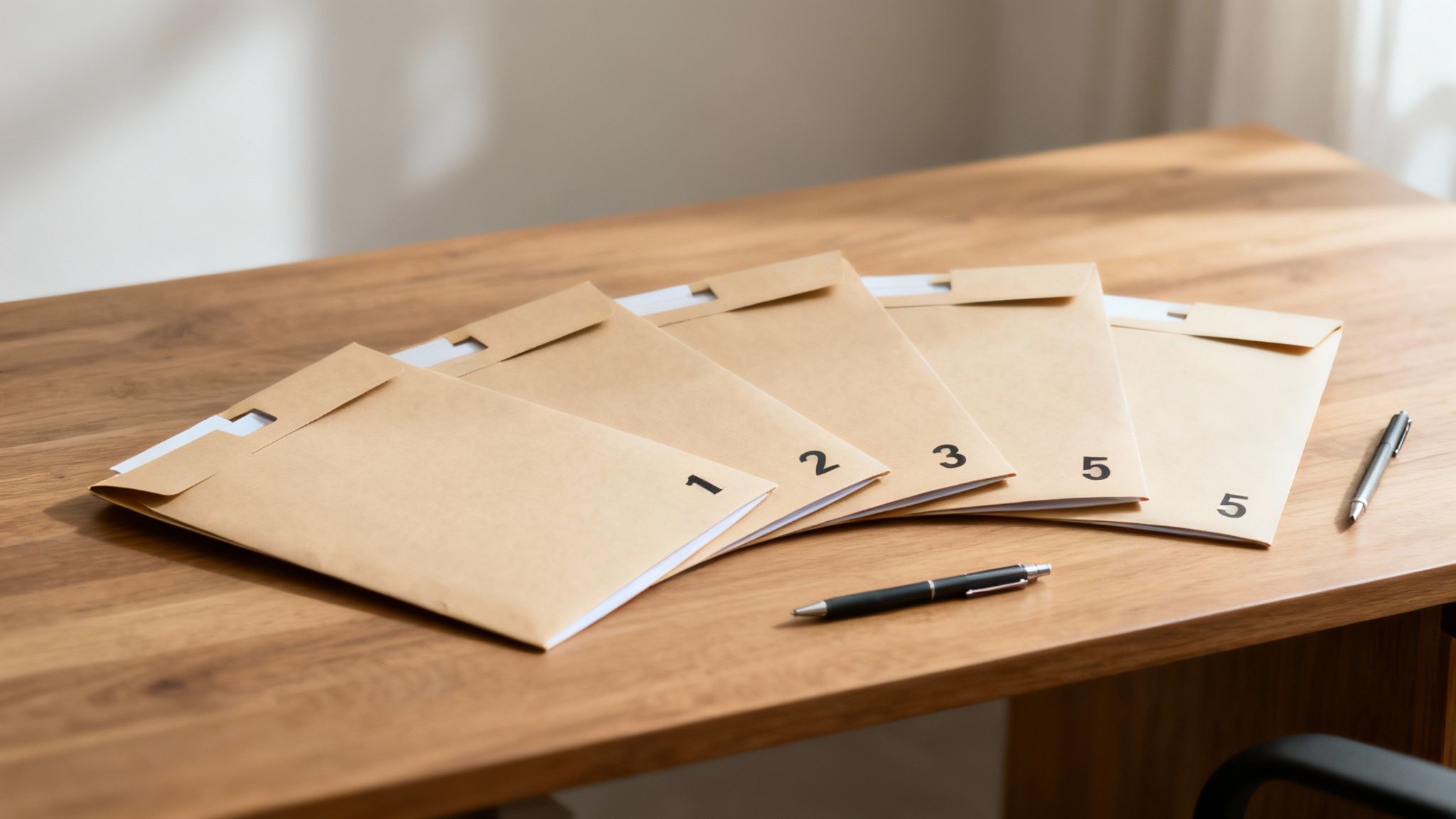 Brown manila folders with numbers 1, 2, 3, 5, 5 and pens on a desk, possibly for an audit.