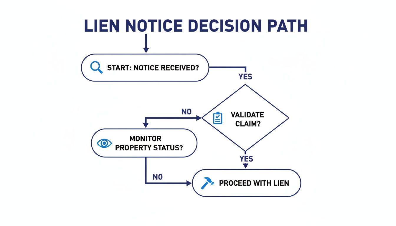 Flowchart illustrating the lien notice decision path, detailing steps from receiving a notice to proceeding with a lien.