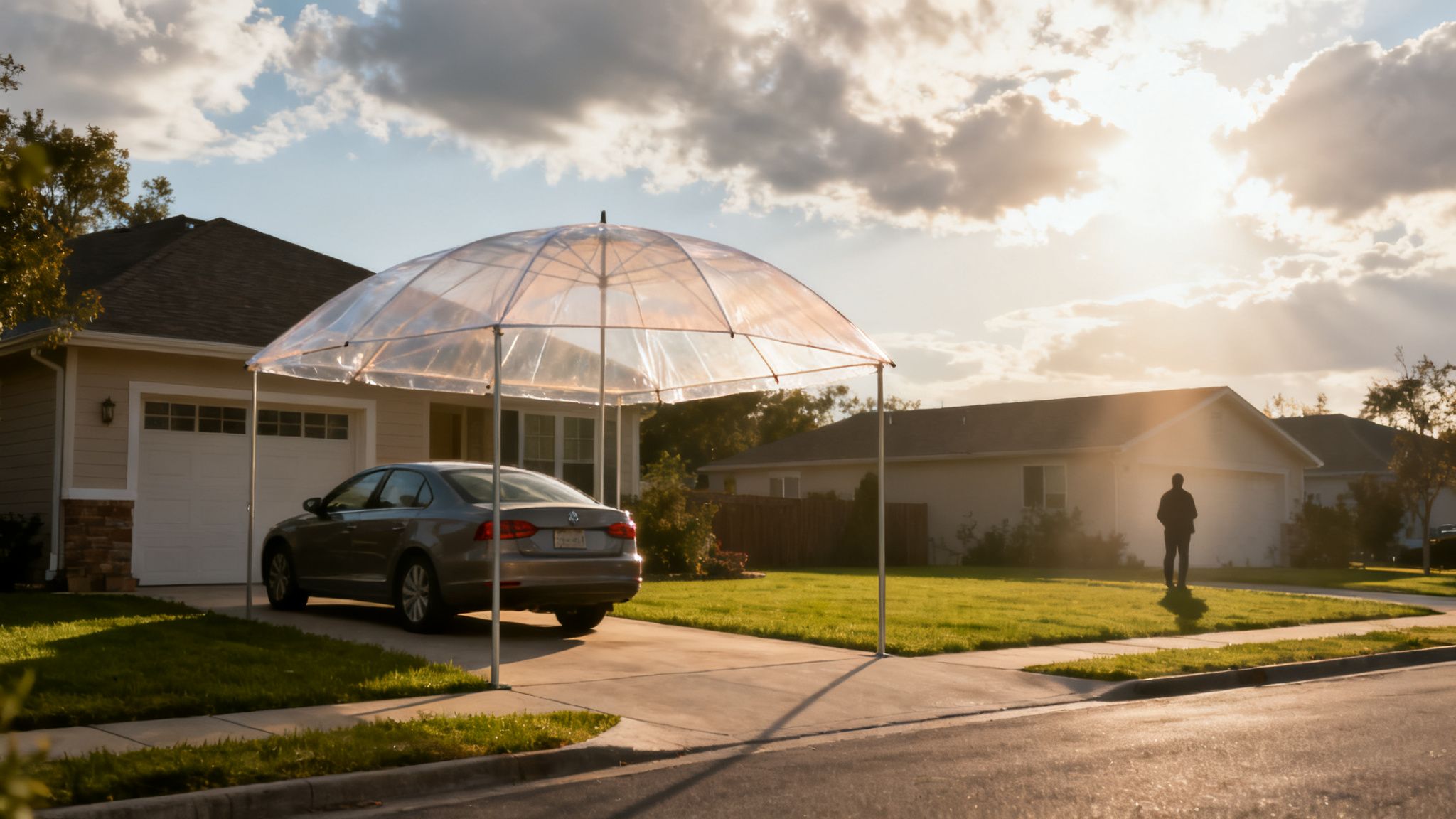 A gray car is parked under a large transparent tent on a suburban driveway during sunset.