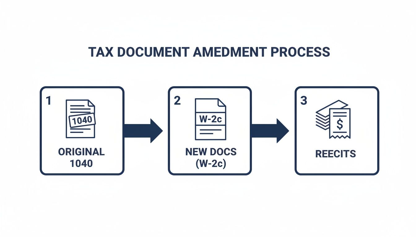 Flowchart illustrating the tax document amendment process with original 1040, new W-2c docs, and receipts.