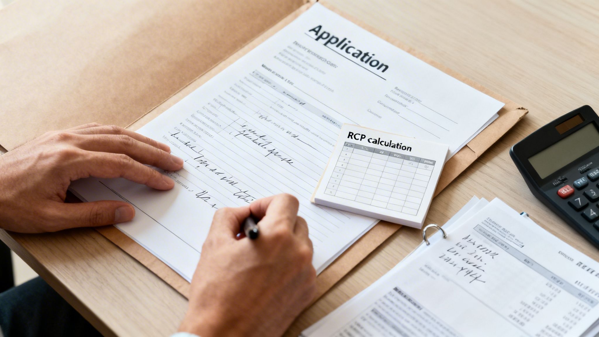A person fills out an application form on a desk with a calculator and other documents.