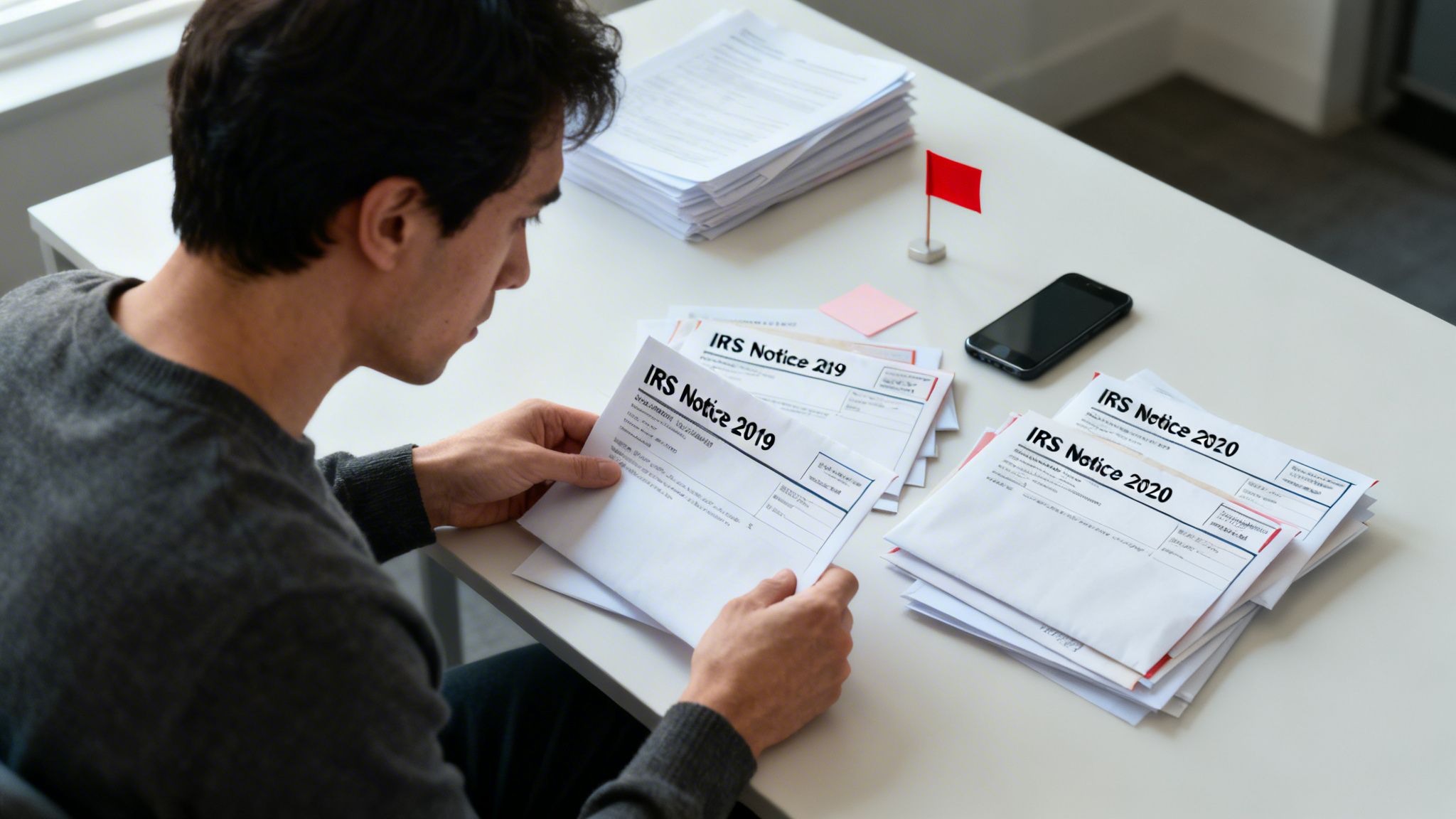 Man reviewing multiple IRS tax notice letters at a desk with a smartphone.