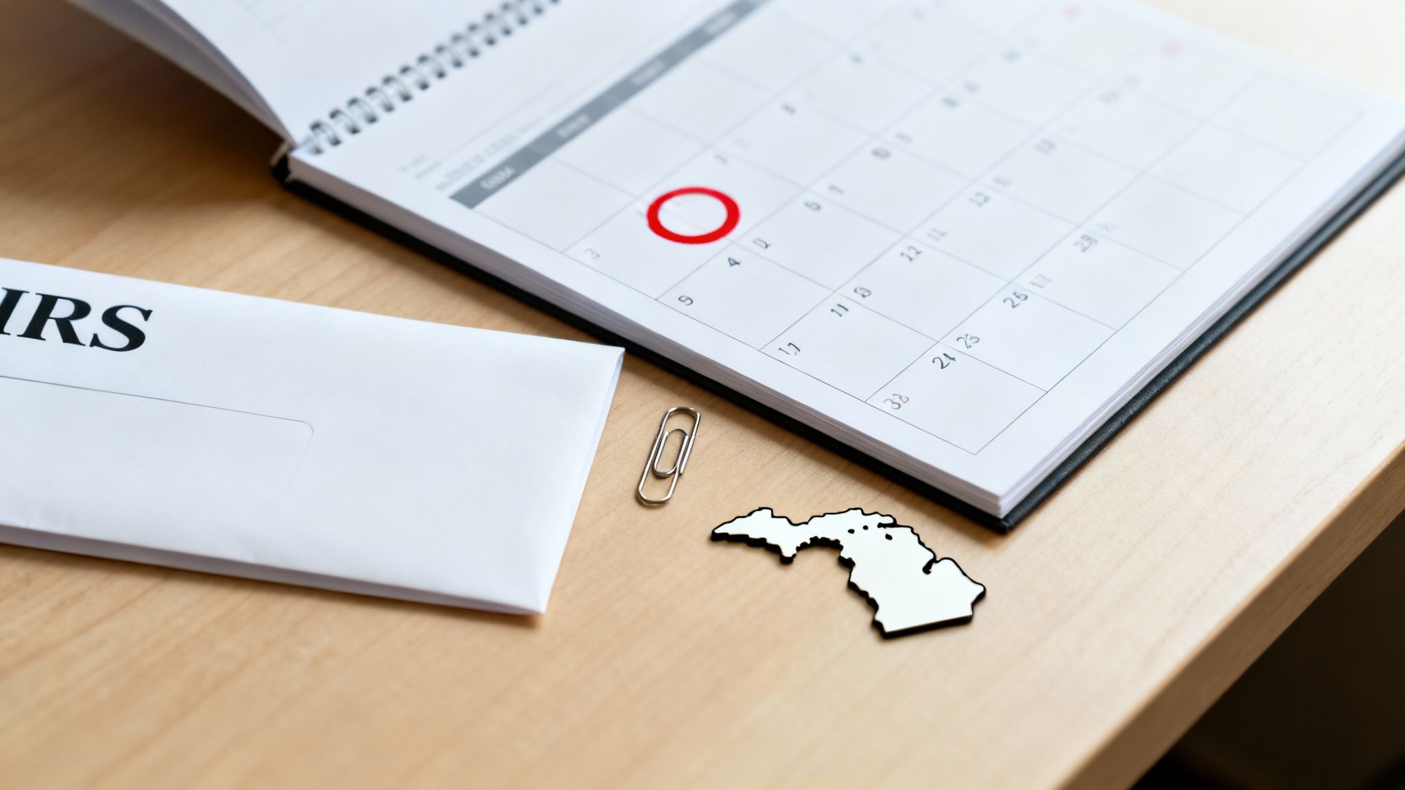 An IRS envelope, calendar with a red-circled date, paperclip, and Michigan cutout on a desk.