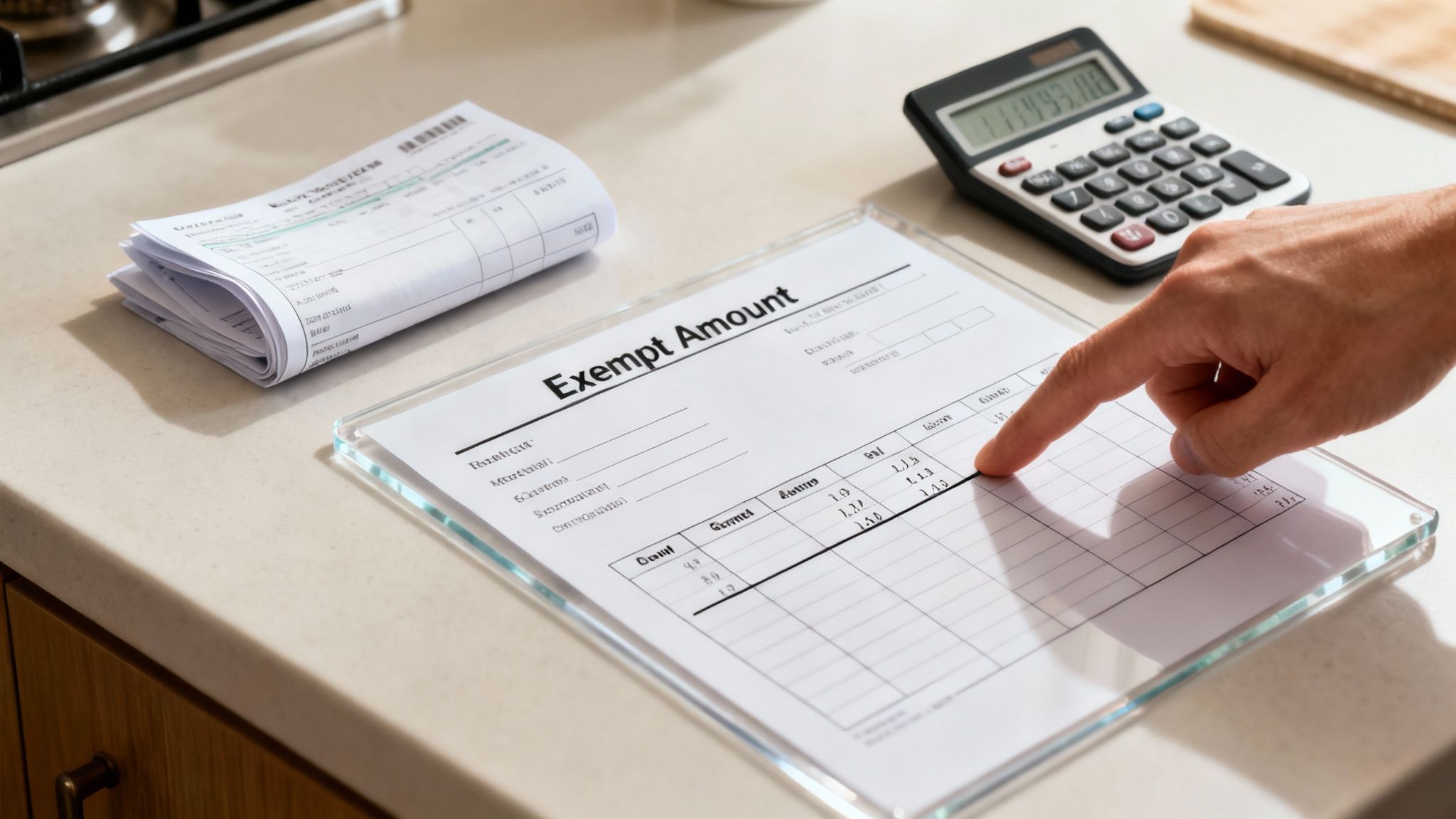 A hand points at an 'Exempt Amount' document, with a calculator and receipts on a countertop.