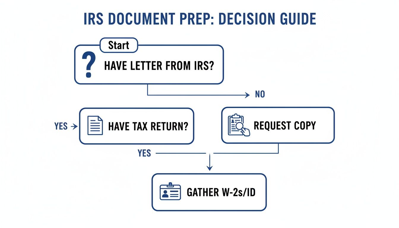 Flowchart for IRS document preparation, outlining steps for letters, tax returns, and gathering W-2s/ID.