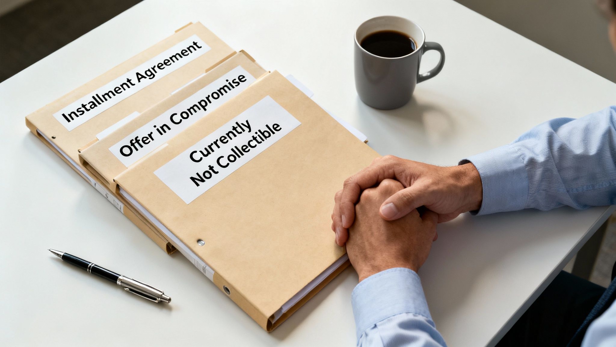 Hands clasped on a desk next to folders labeled 'Installment Agreement', 'Offer in Compromise', and 'Currently Not Collectible', with coffee and pen.