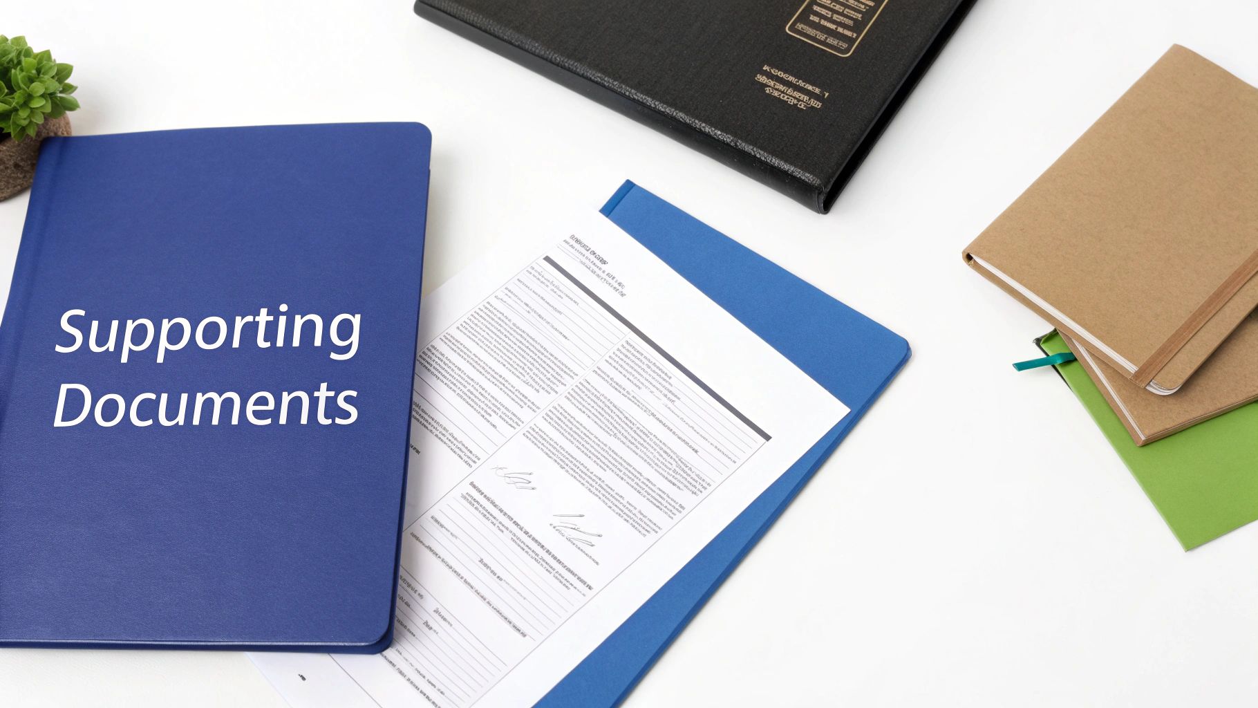 A blue binder titled 'Supporting Documents' on a white desk with paperwork and office supplies.