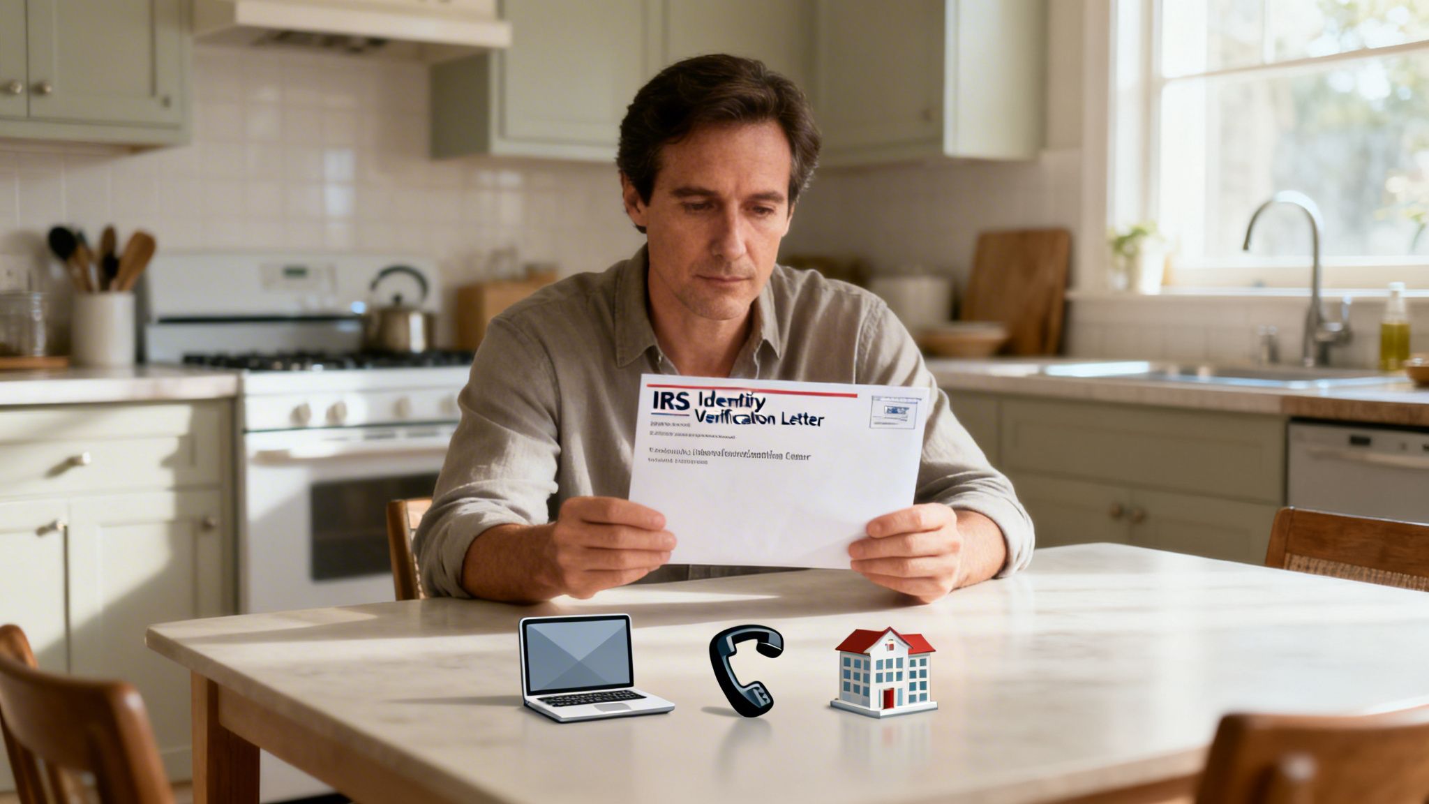 A concerned man reads an IRS Identity Verification Letter at a kitchen table, with digital contact icons.