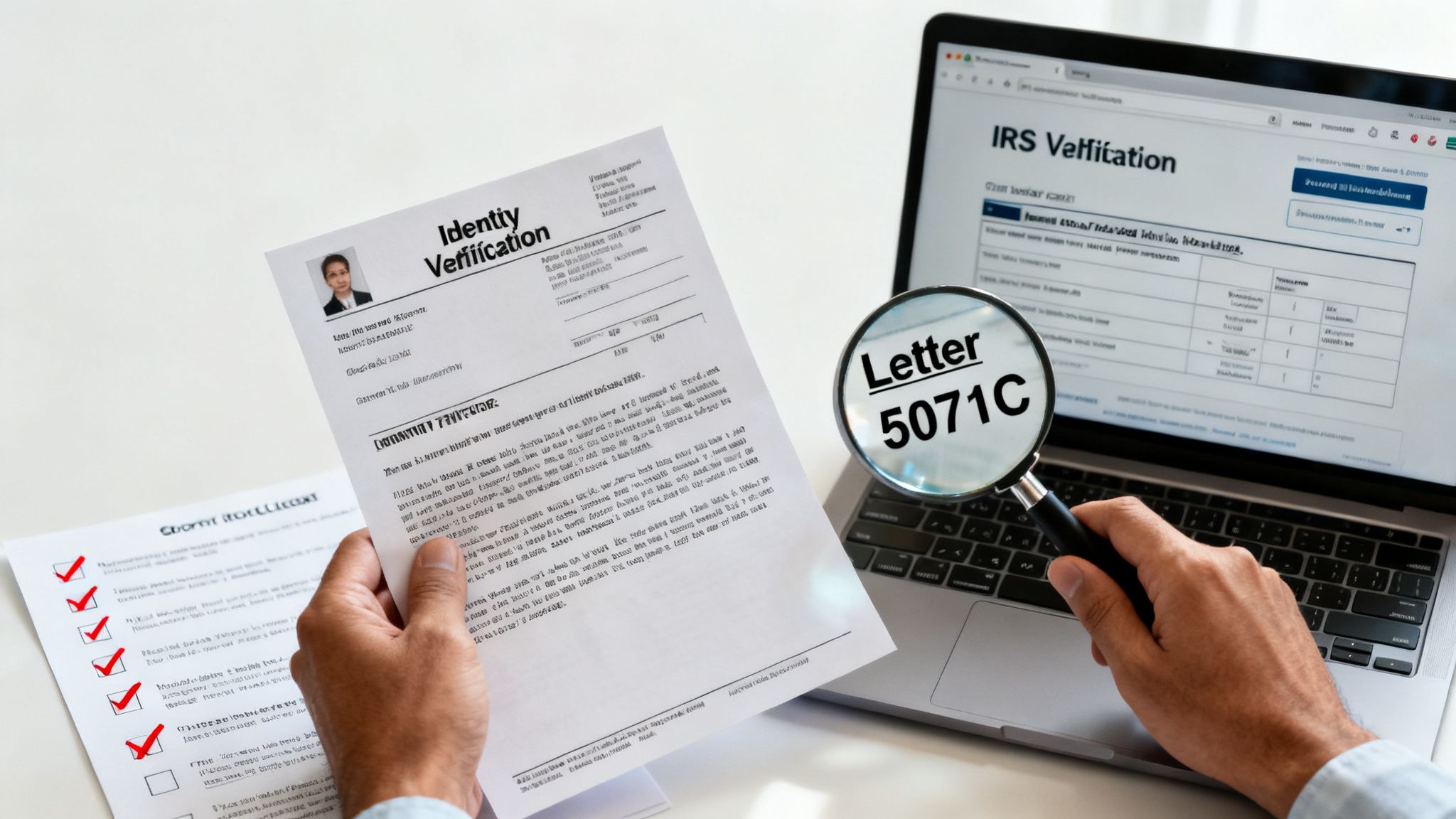 Person verifying identity with IRS online using a 5071C letter and an identity verification document.