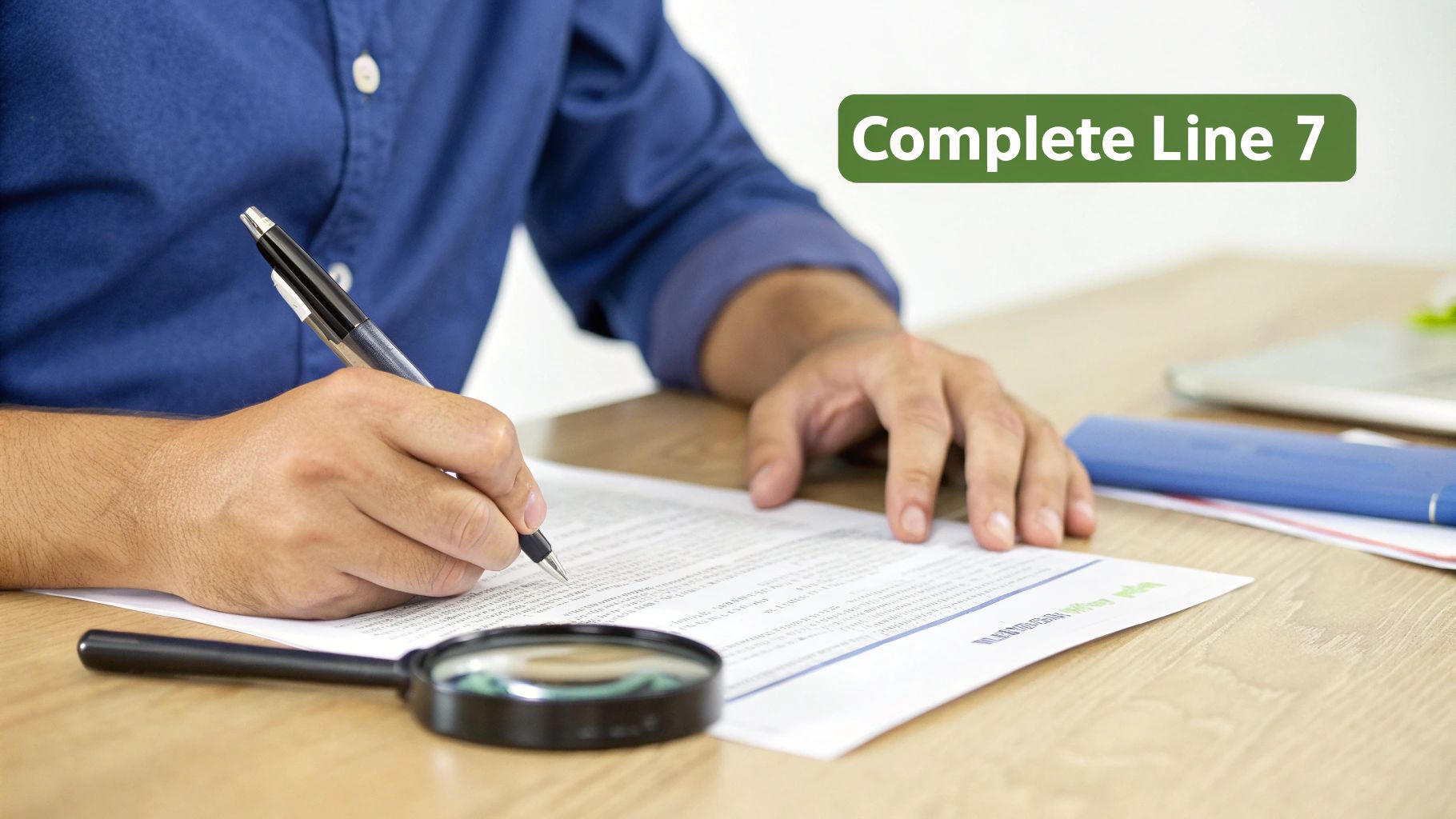 A person in a blue shirt writes on a document with a pen, next to a magnifying glass.