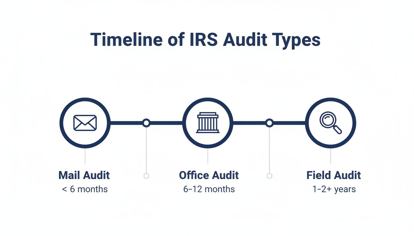 Infographic illustrating the timeline and types of IRS audits: Mail, Office, and Field.
