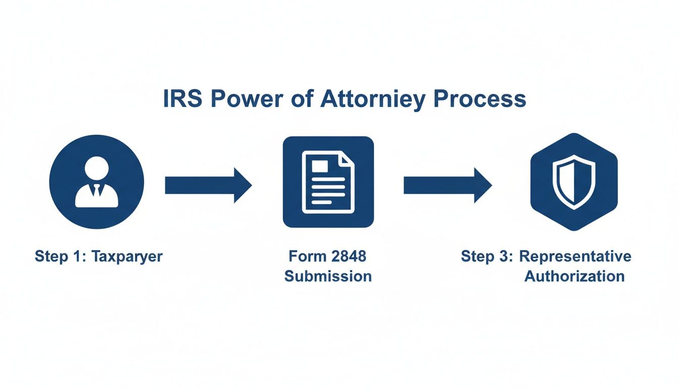 Infographic showing the IRS Power of Attorney process: Taxpayer, Form 2848 Submission, and Representative Authorization.
