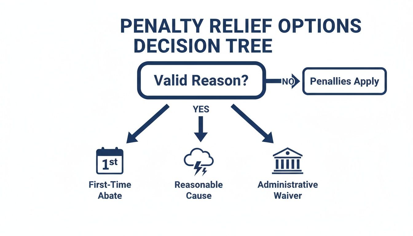 Decision tree illustrating penalty relief options: Valid Reason leads to First-Time Abate, Reasonable Cause, or Administrative Waiver, otherwise Penalties Apply.