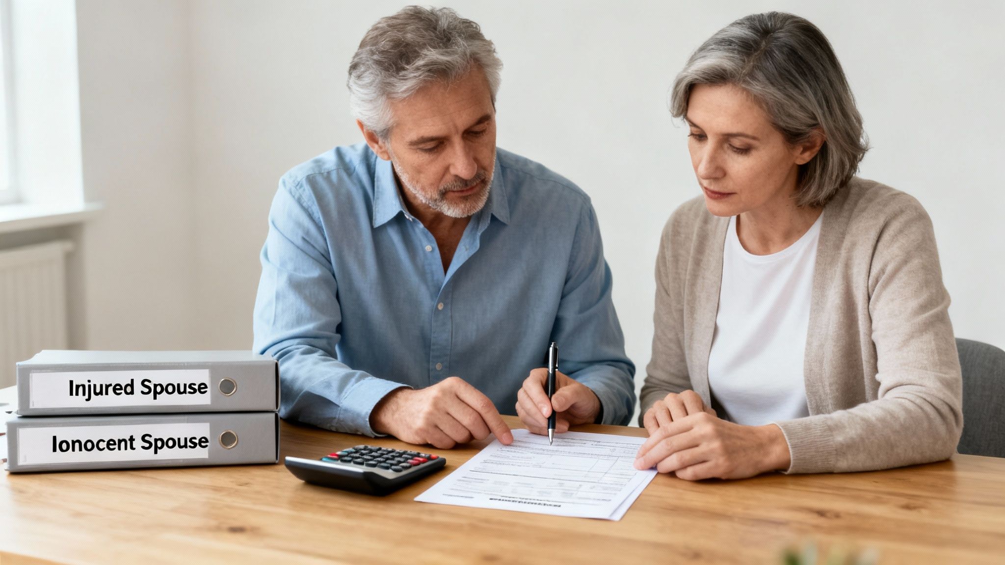 A couple reviews legal documents and binders labeled 'Injured Spouse' and 'Innocent Spouse'.