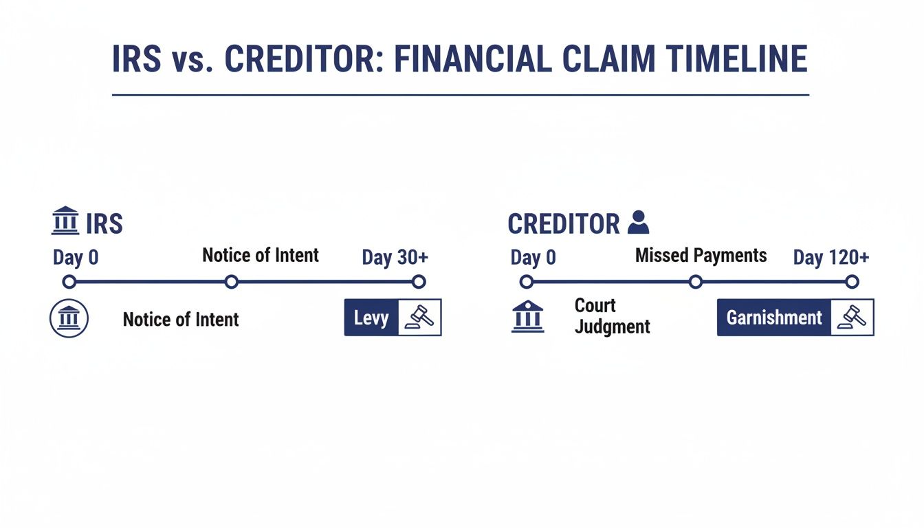 Timeline comparing IRS and creditor financial claims, showing processes like notice of intent, levy, court judgment, and garnishment.