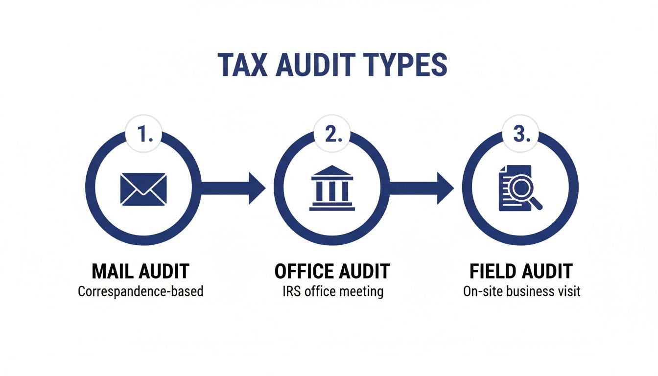 Infographic showing three types of tax audits: mail, office, and field, with brief descriptions.