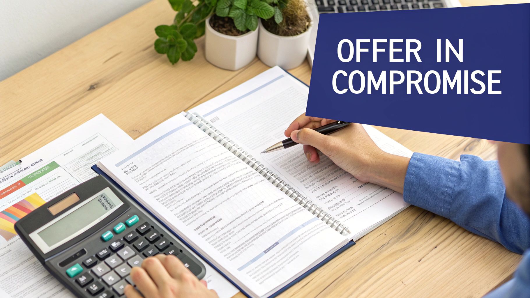 A person calculates finances at a desk with a notebook, documents, and an 'Offer in Compromise' text overlay.