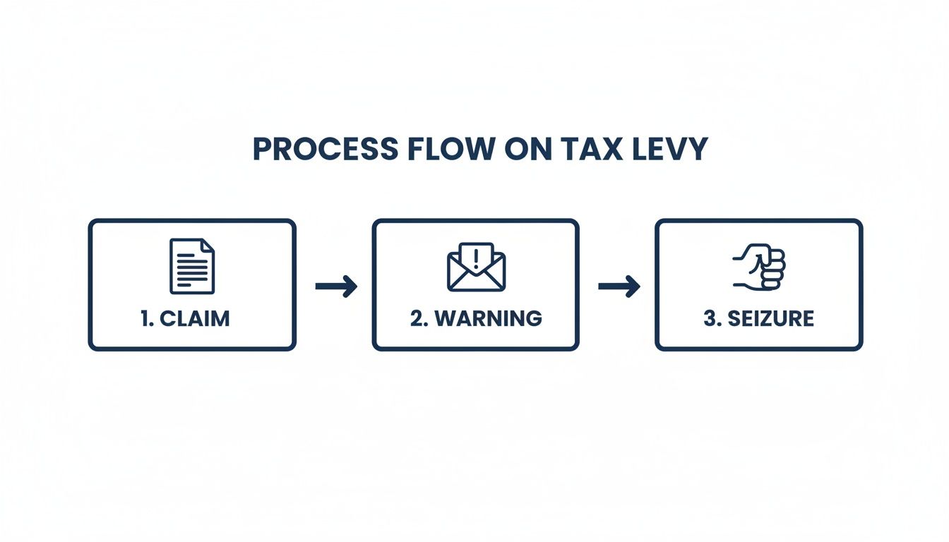 A three-step process flow chart illustrating the stages of a tax levy: Claim, Warning, and Seizure.