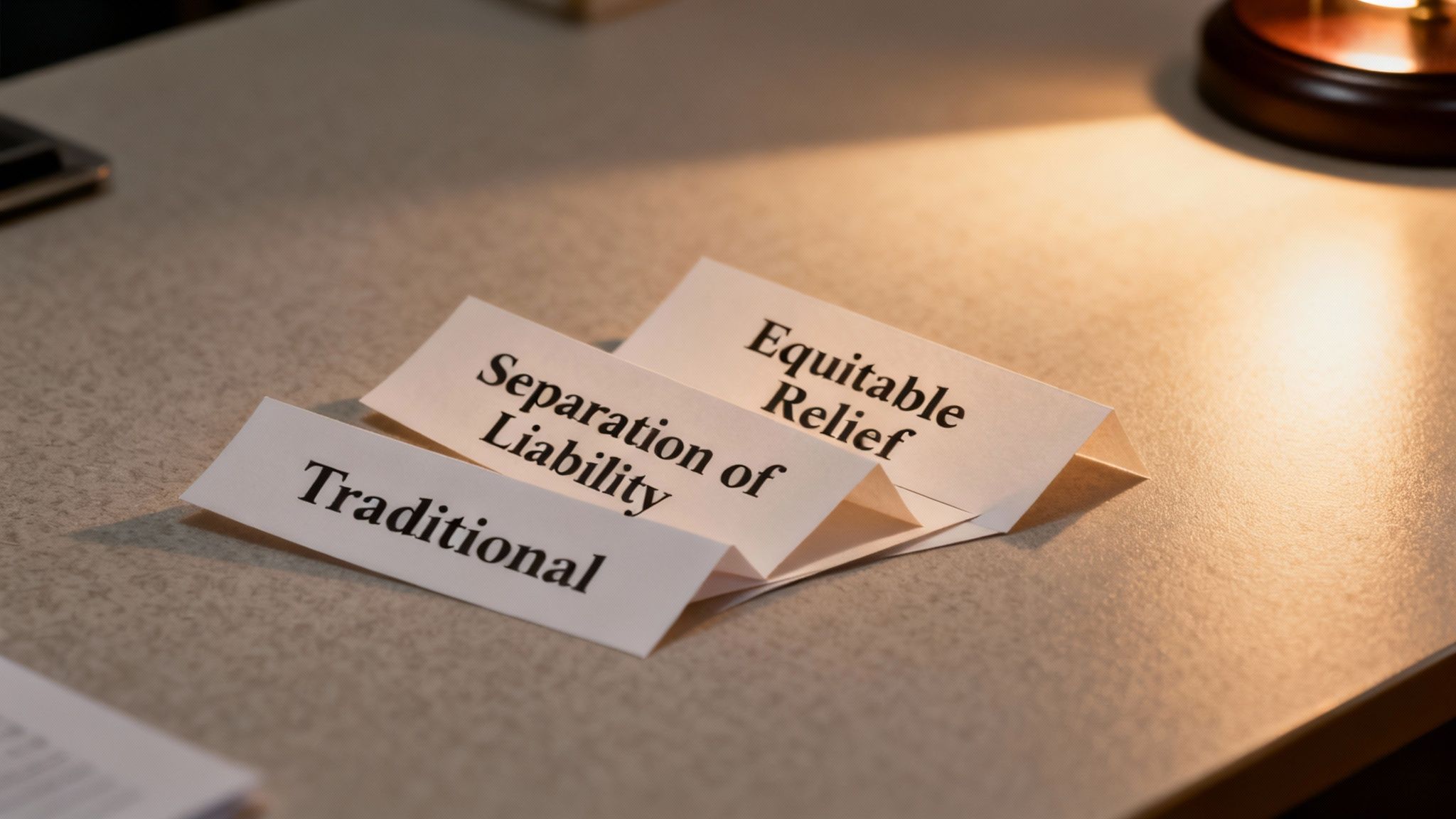Three folded paper labels on a desk display legal terms: Traditional, Separation of Liability, Equitable Relief.