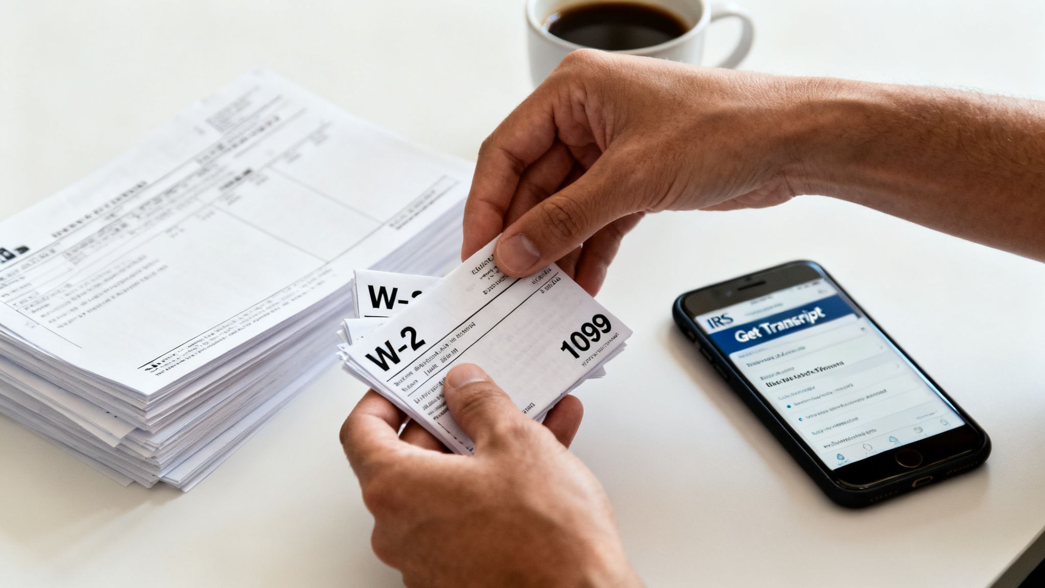 A person organizes W-2 and 1099 tax forms, next to a smartphone showing the IRS website.