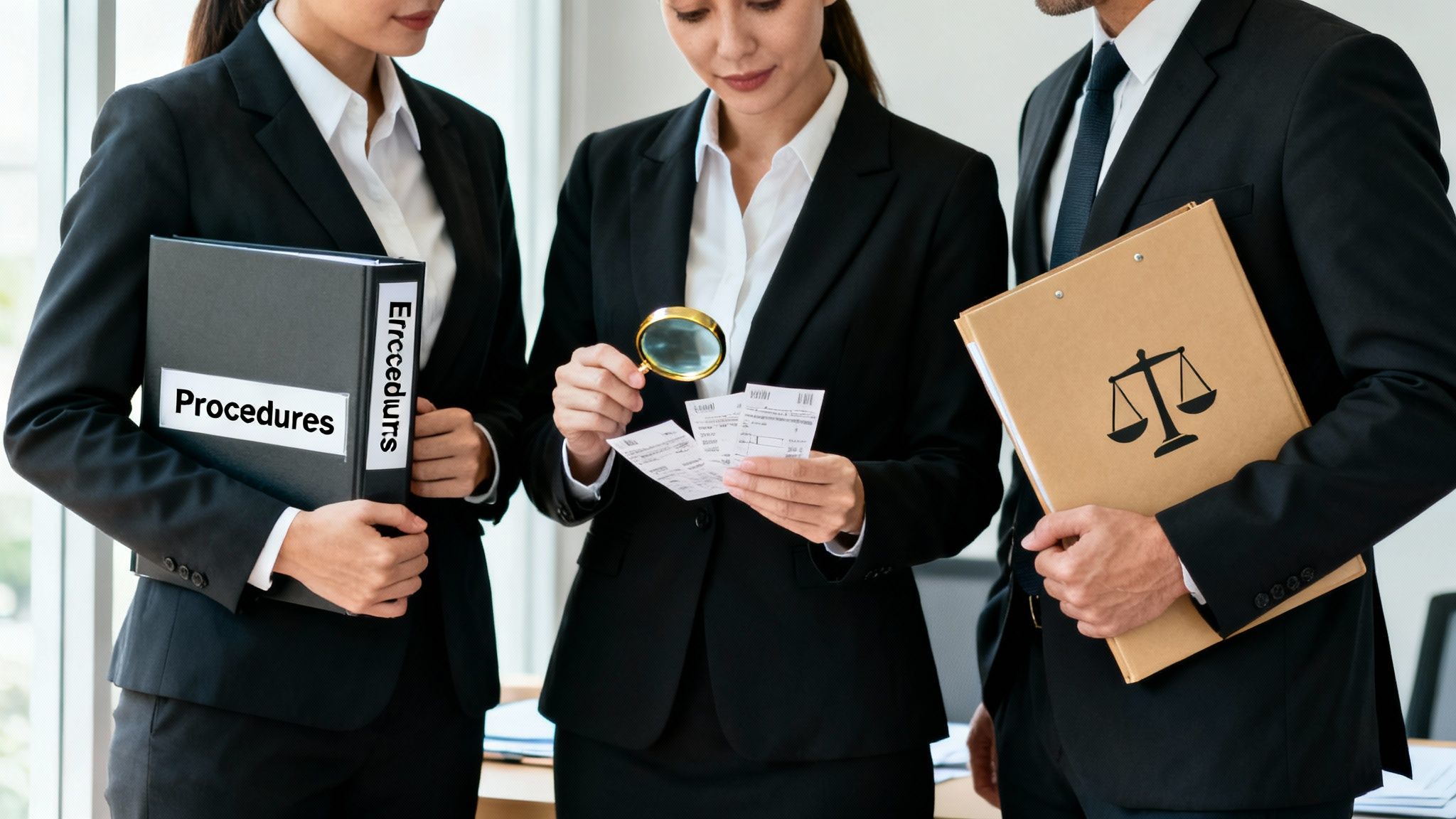 Three legal professionals review documents, including a 'Procedures' binder and papers with a magnifying glass.