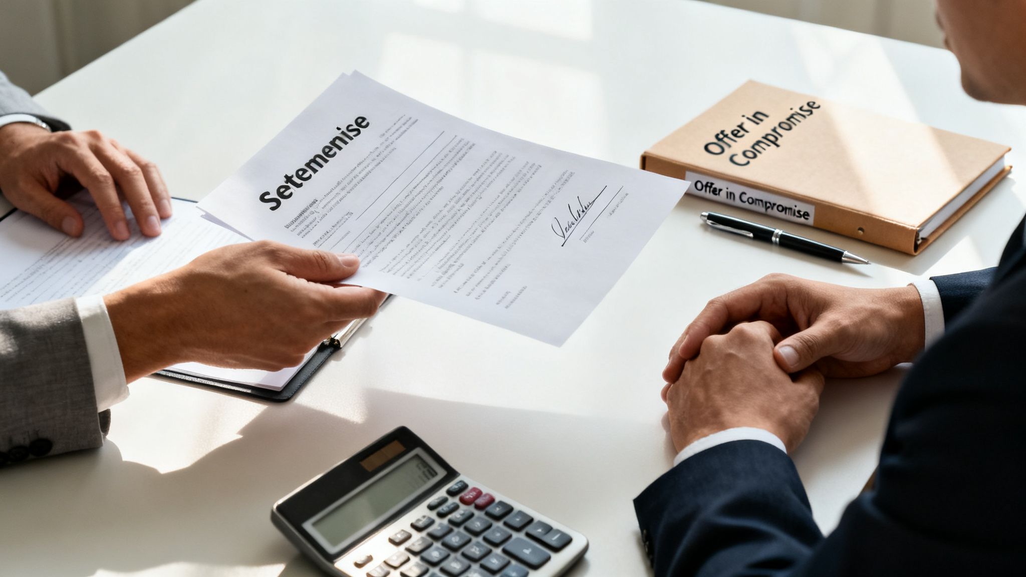 Two professionals discuss a financial document, "Setemenise," with a calculator and "Offer in Compromise" binder on a table.