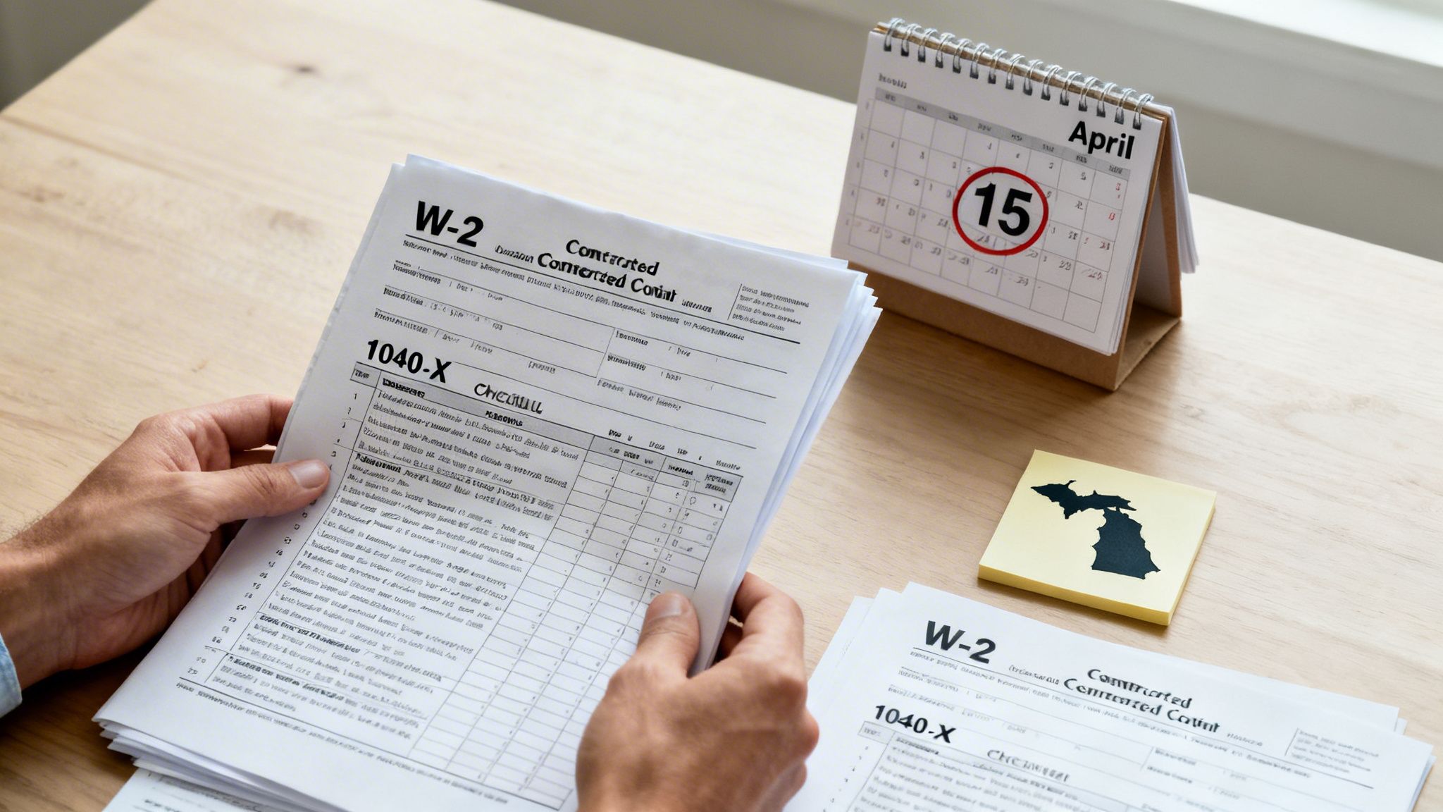 Hands holding tax forms, including W-2 and 1040-X, with a calendar marked April 15 and a Michigan map sticky note.