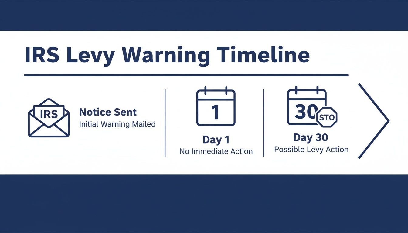 IRS Levy Warning Timeline illustrating the process from initial notice sent to possible levy action on day 30.