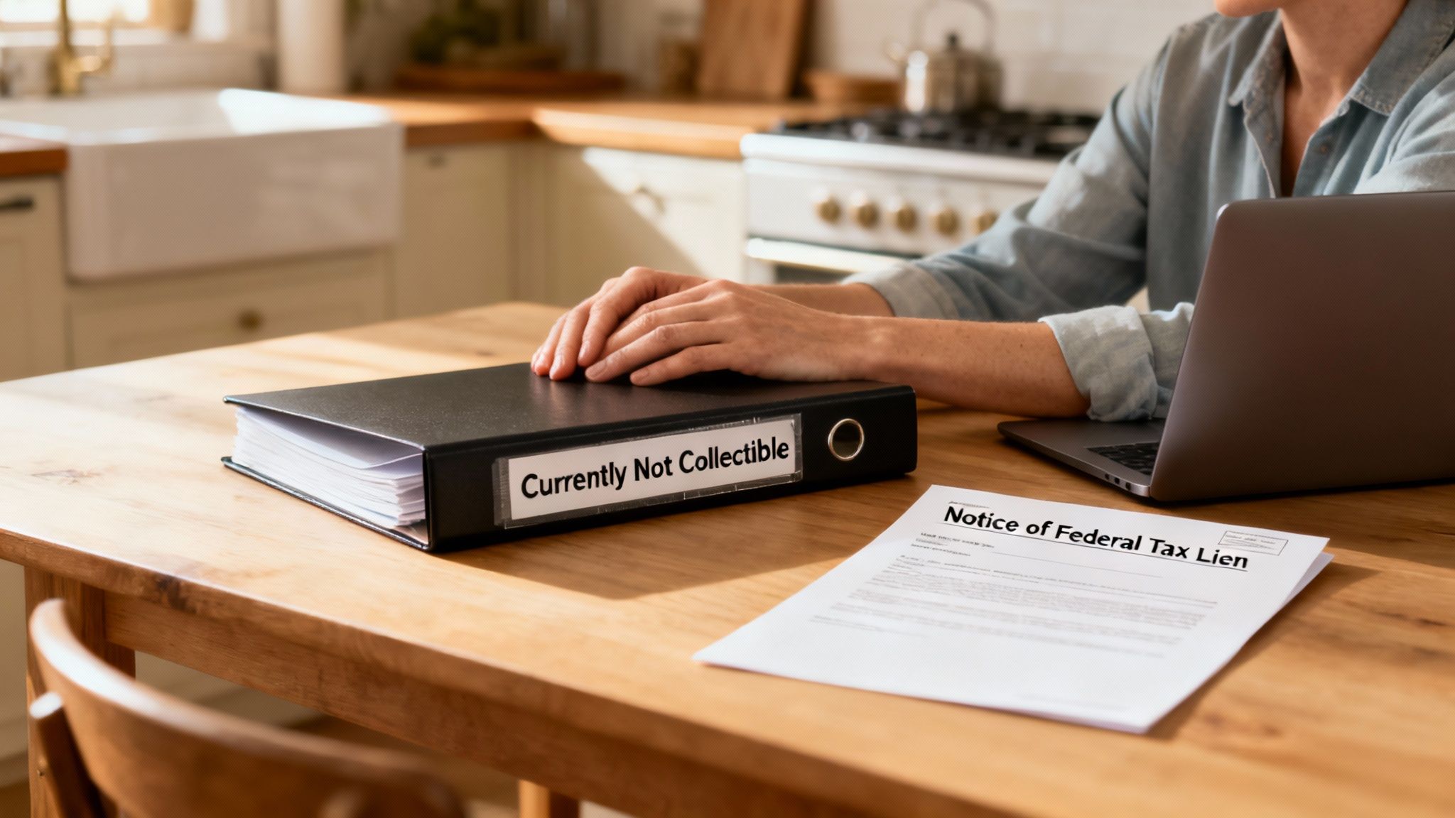 Person with hands on a binder labeled 'Currently Not Collectible' next to a tax lien document in a kitchen.