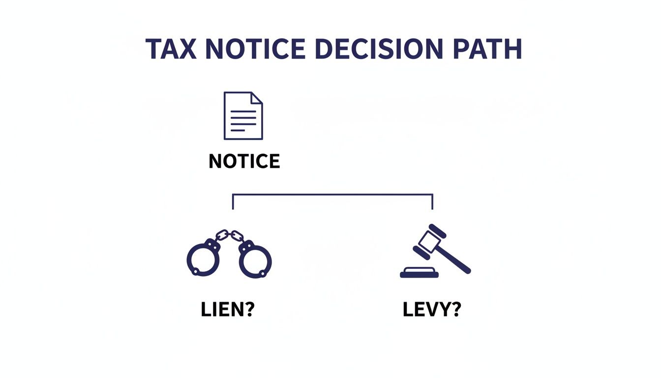A flowchart titled 'Tax Notice Decision Path' showing a notice leading to options for a lien or levy.