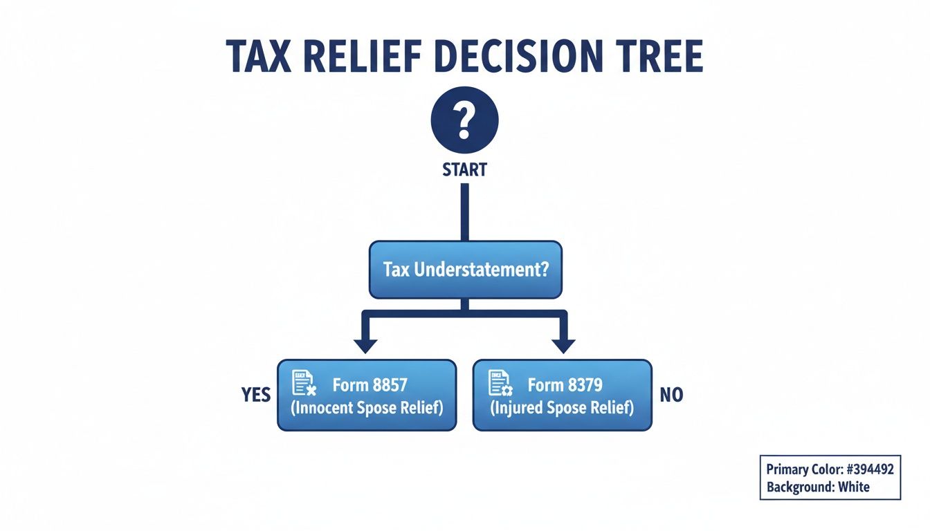 A tax relief decision tree flowchart, starting with 'Tax Understatement?' and leading to 'Innocent Spouse Relief' or 'Injured Spouse Relief'.