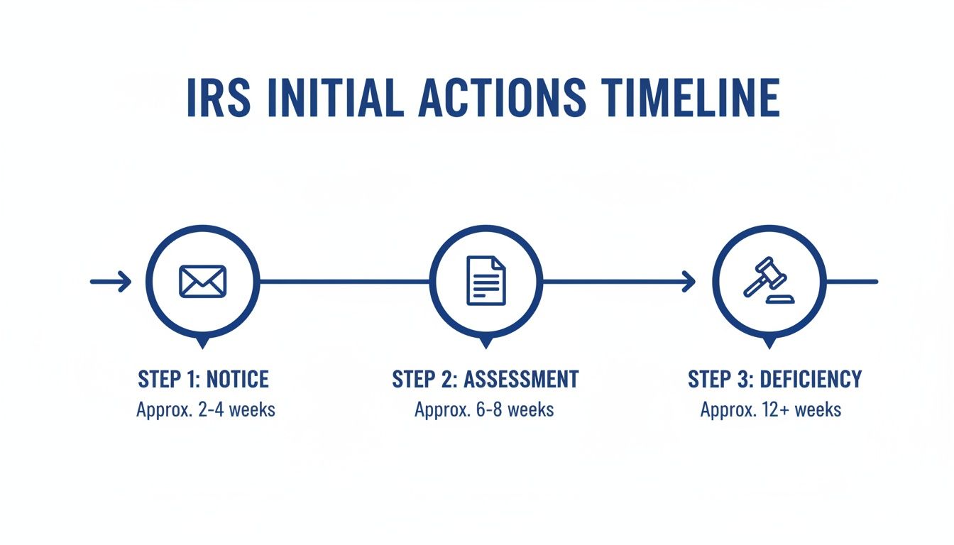 Timeline diagram illustrating the three steps of IRS initial actions: Notice, Assessment, and Deficiency, with approximate timeframes.