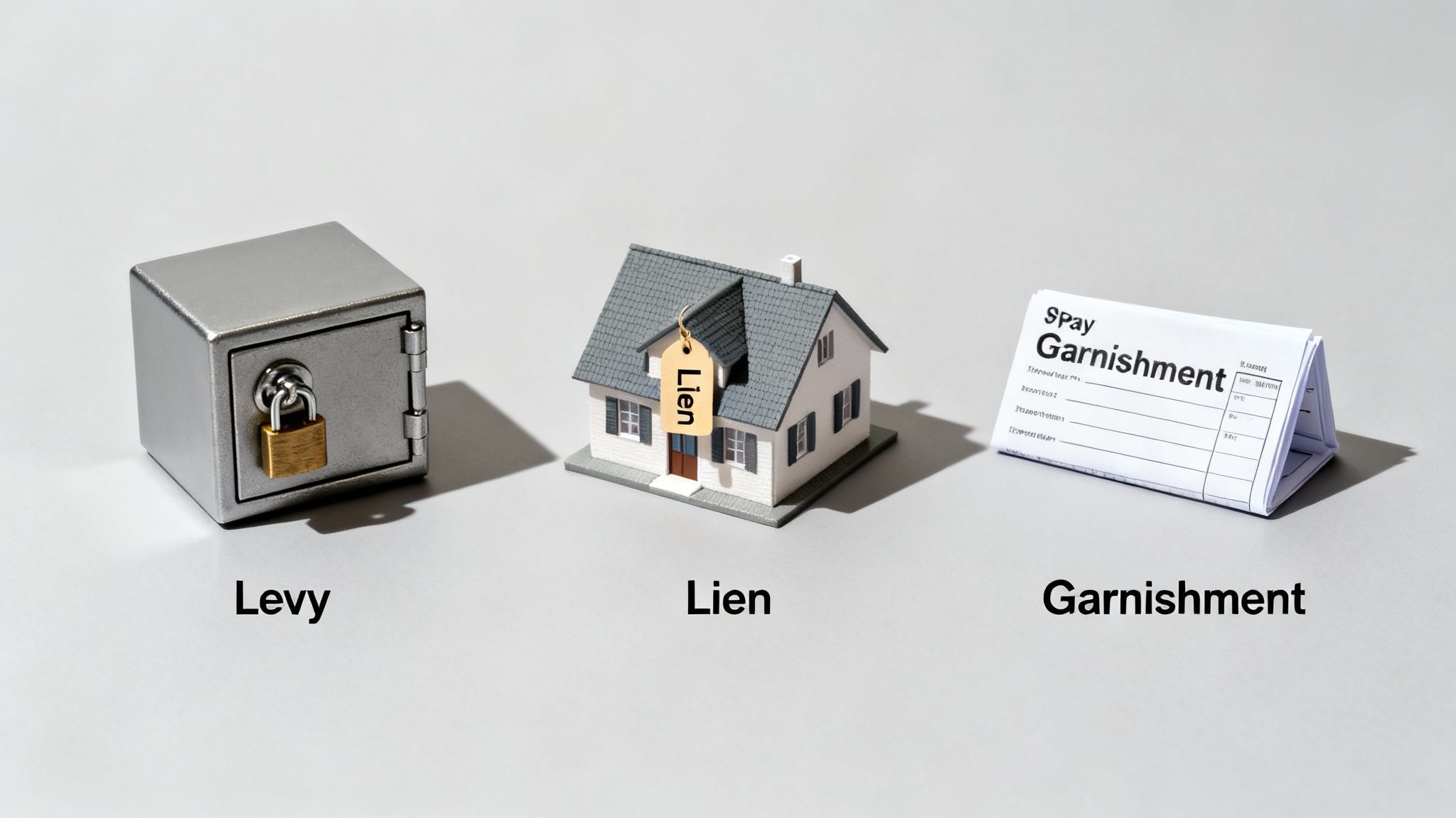 A miniature house with a 'Lien' tag, a safe with a padlock, and a 'Garnishment' form.